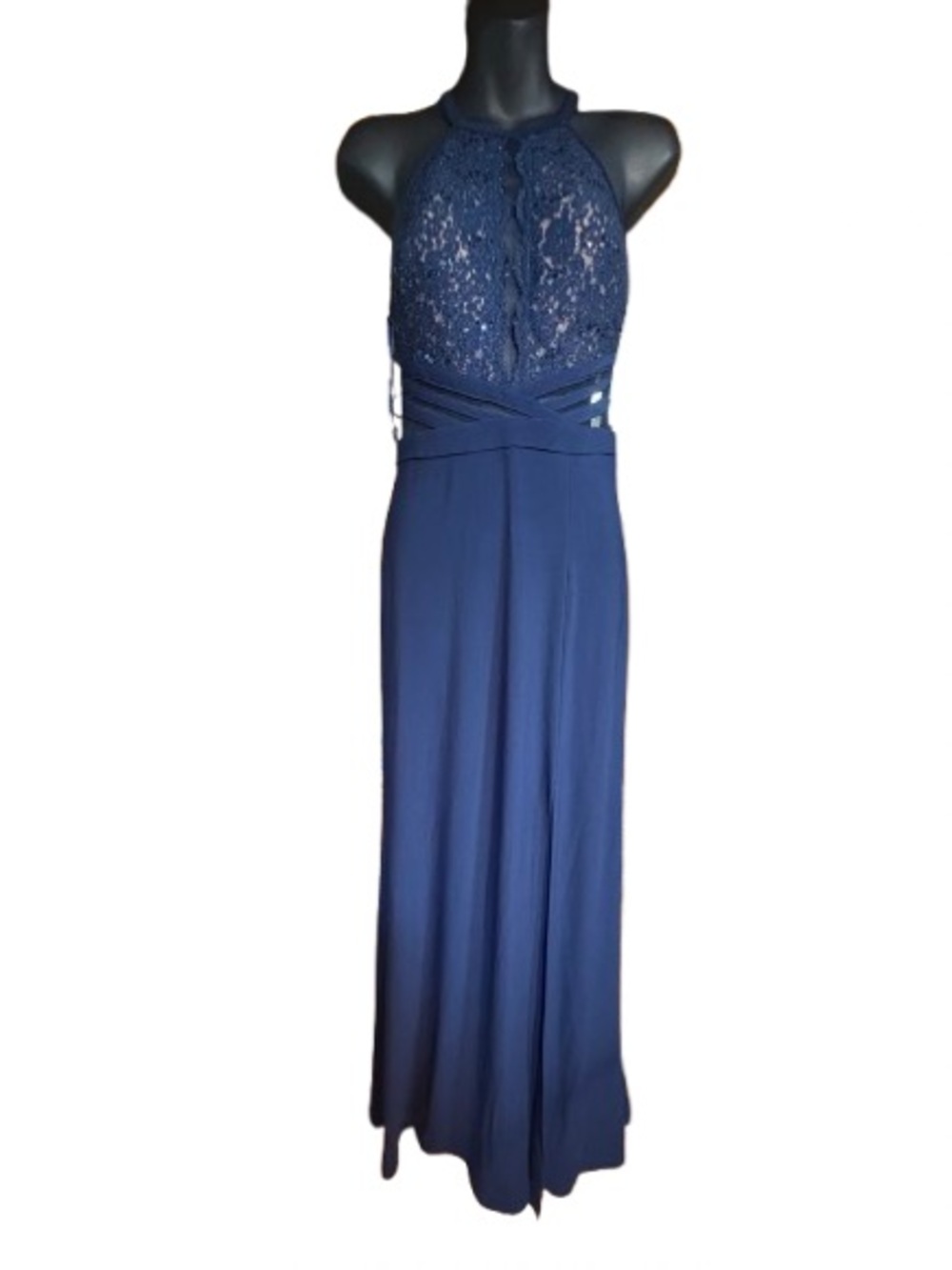 Morgan & Co
Navy Blue Lace Halter Gown floral lace halter-style bodice size 5 - Picture 2 of 14